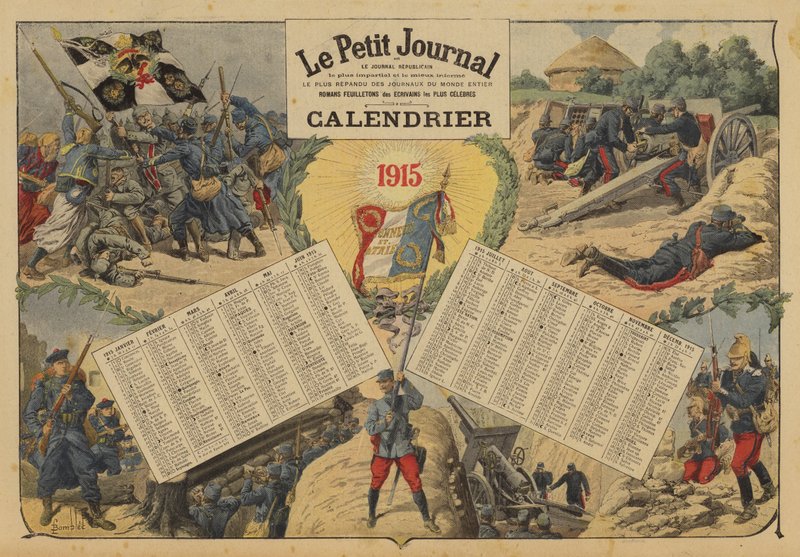 Kalender for 1915, med 1. verdenskrigs slagmarksscener (farve litho) af Louis Charles (after) Bombled