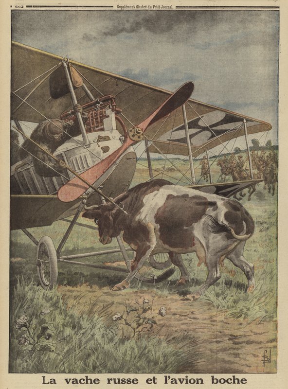 Ko forhindrer et tysk fly i at lette, Lutsk, Rusland, Første Verdenskrig af Louis Charles (after) Bombled