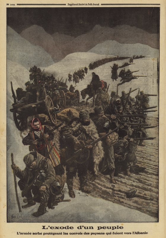 Udvandring af et folk: den serbiske hær beskytter en kolonne af bønder, der flygter til Albanien, Første Verdenskrig af Louis Charles (after) Bombled