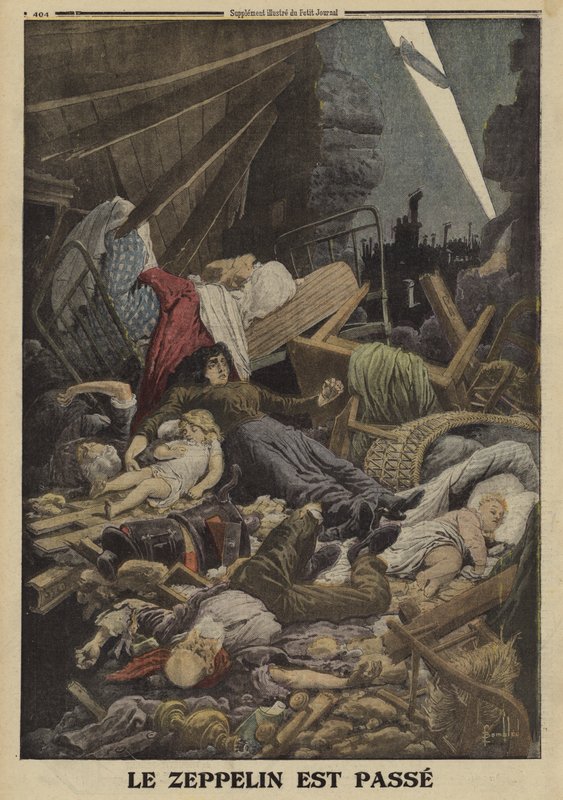 Familie dræbt i et bombeangreb af en tysk Zeppelin, Første Verdenskrig, 1916 (farve litho) af Louis Charles (after) Bombled