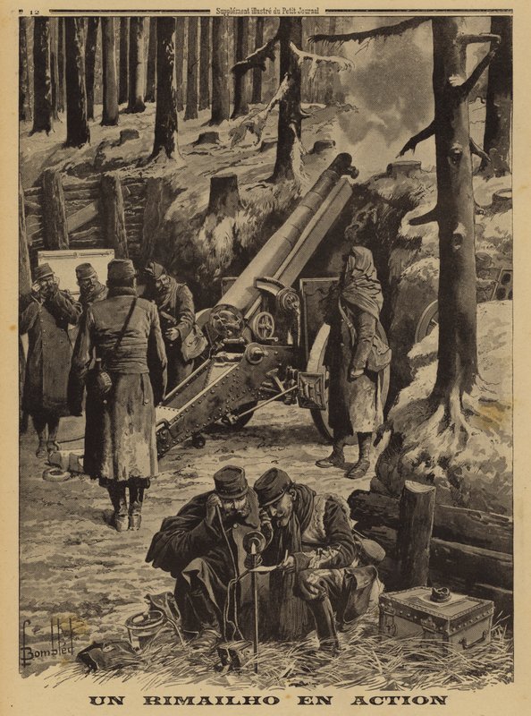 Den franske hærs Rimailho hurtigskydende medium haubits i aktion, Første Verdenskrig af Louis Charles (after) Bombled