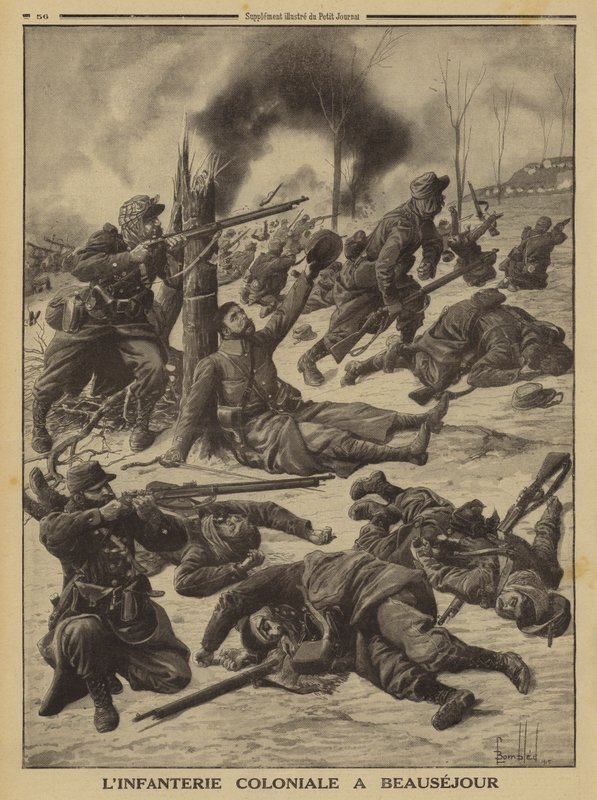 Fransk koloniinfanteri kæmper ved Beausejour, Første Verdenskrig af Louis Charles (after) Bombled