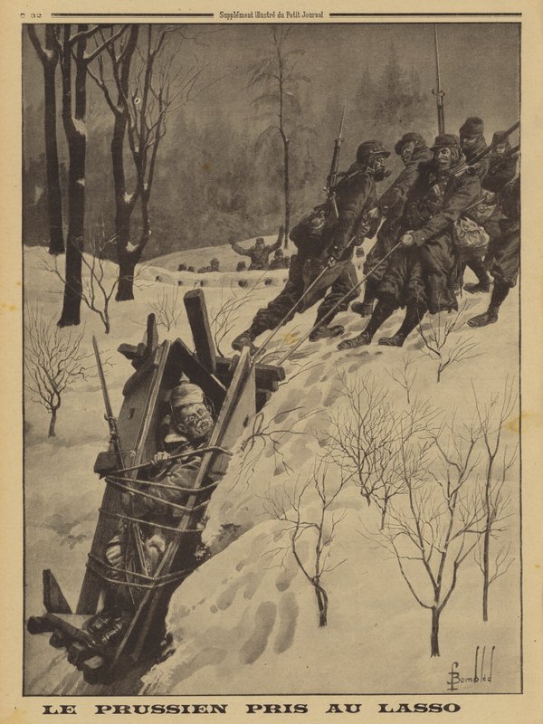 Tysk soldat i en vagtboks fanget af franske Chasseurs Alpins ved hjælp af en lasso, 1. Verdenskrig af Louis Charles (after) Bombled