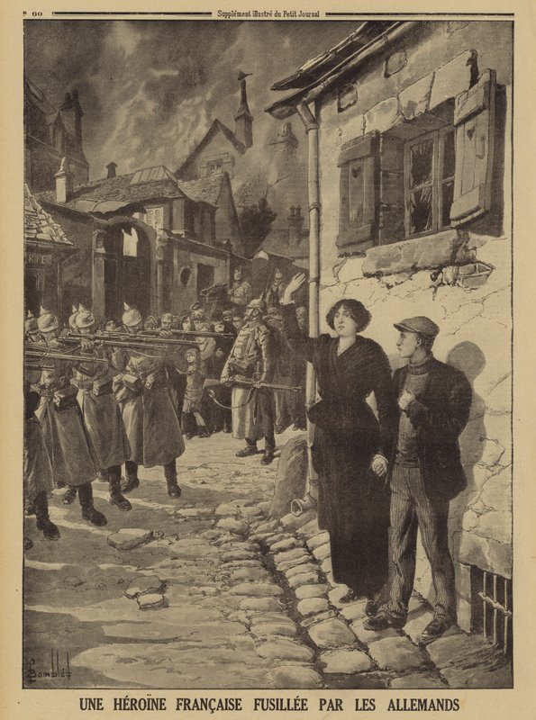 Tyske krigsforbrydelser: en ung kvinde skudt af en skydestyrke i en fransk landsby, Første Verdenskrig af Louis Charles (after) Bombled