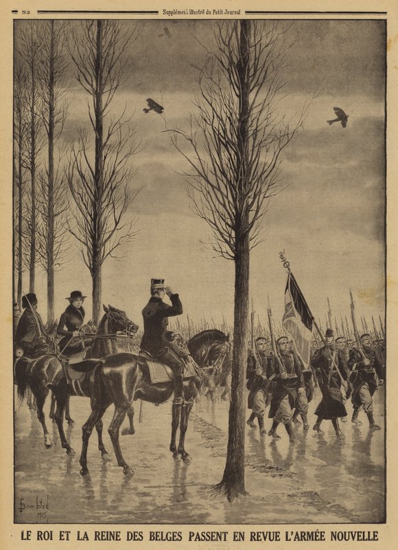 Kong Albert I og dronning Elisabeth af belgierne gennemgår deres nye hær, Første Verdenskrig af Louis Charles (after) Bombled