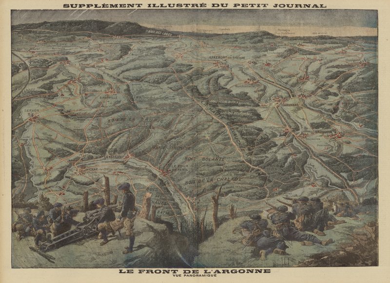 Panoramaudsigt over Argonne-skovens ector af Vestfronten, Første Verdenskrig af Louis Charles (after) Bombled