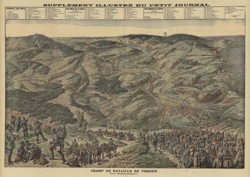 Panoramaudsigt over slagmarken ved Verdun, Frankrig, Første Verdenskrig af Louis Charles (after) Bombled