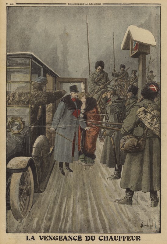 Chaufføren af den østrigske general Skarbonovitch leverer generalen og hans kone i russernes fangenskab som hævn for gentagne gange at blive slået af ham, Første Verdenskrig af Louis Charles (after) Bombled