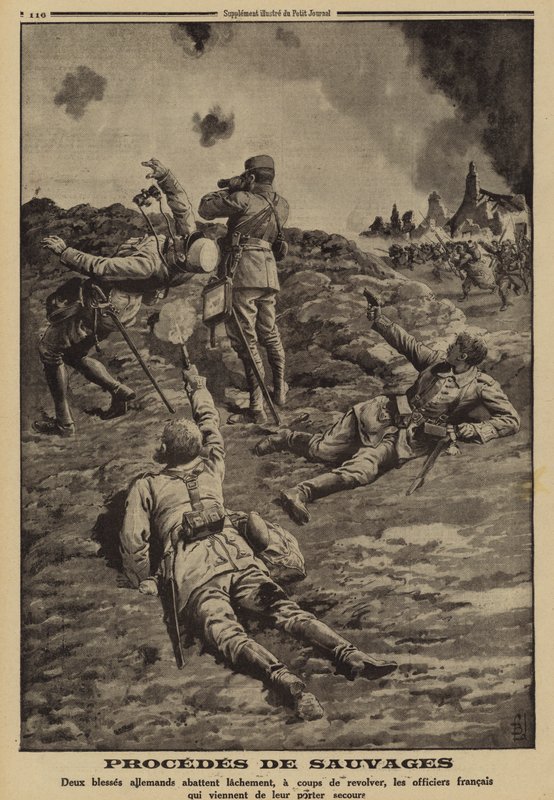 To sårede tyske soldater skyder franske officerer, der havde hjulpet dem i ly i ryggen, Første Verdenskrig af Louis Charles (after) Bombled