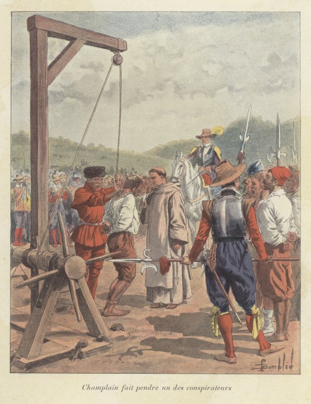 Samuel de Champlain hænger en konspirator, Canada, 17. århundrede af Louis Charles Bombled