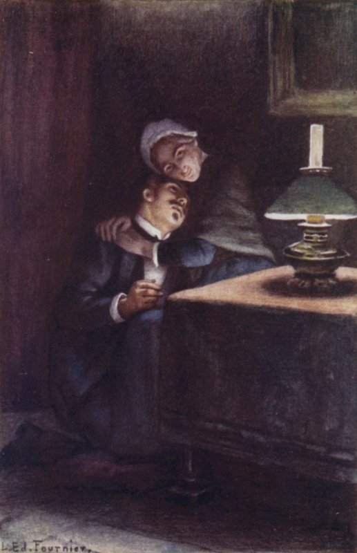 Med sit tunge, uldne hoved på hendes knæ mindedes han de glade aftener i sin barndom. af Louis Edouard Paul Fournier