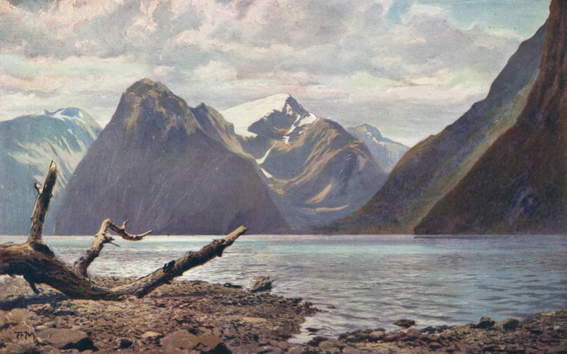 Scene på Milford Sound, New Zealand (farvefoto) af Louis Fairfax Muckley