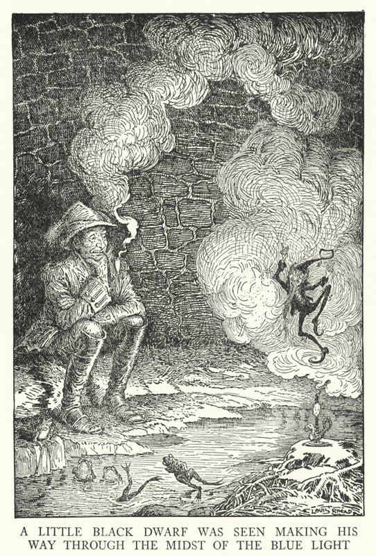 En lille sort dværg blev set på vej gennem det blå lys (litho) af Louis John Rhead