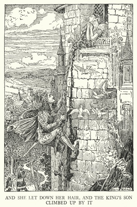 Og hun slap sit hår, og kongens søn klatrede op af det (litho) af Louis John Rhead