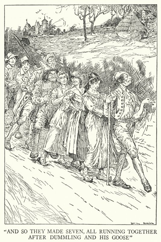 "Og så de lavede syv, alle sammen løb efter Dummling og hans gås" (litho) af Louis John Rhead