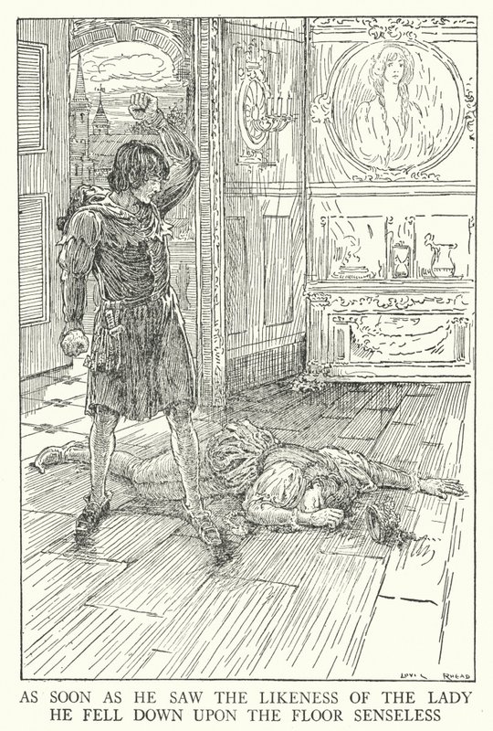 Så snart han så ligheden med damen, faldt han sanseløst ned på gulvet (litho) af Louis John Rhead