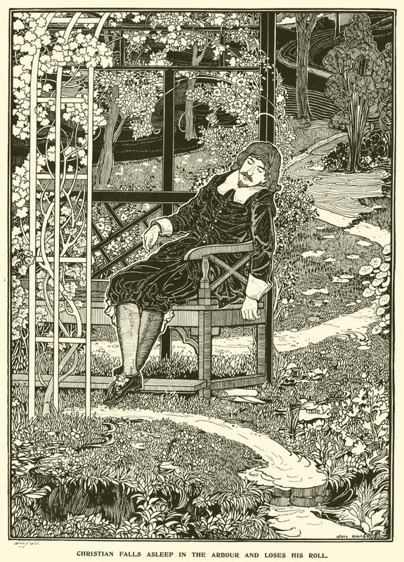 Christian falder i søvn i lysthuset og mister sin rulle (gravering) af Louis John Rhead