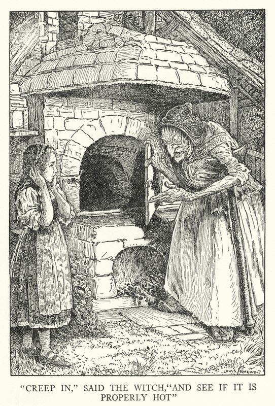 "Kryb ind," sagde heksen, "og se om det er ordentligt varmt" (litho) af Louis John Rhead