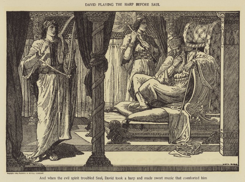 David spiller på harpe foran Saul af Louis John Rhead