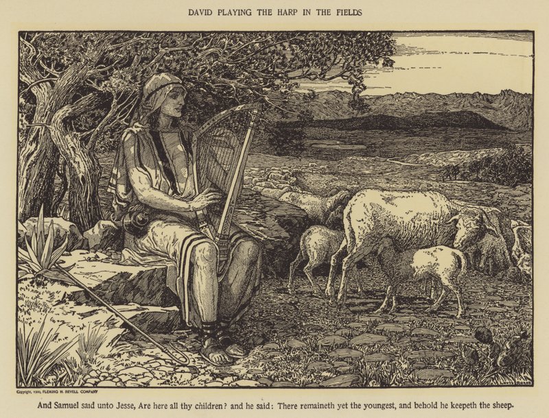 David spiller på harpe på markerne af Louis John Rhead