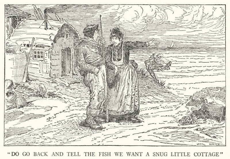 "Gå tilbage og fortæl fisken, at vi vil have et hyggeligt lille sommerhus" (litho) af Louis John Rhead