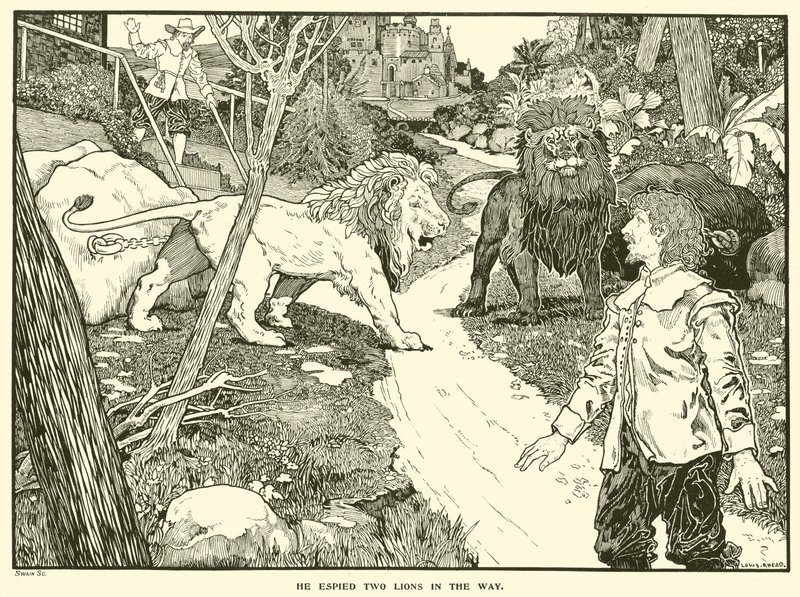 Han sprang to løver på vejen (gravering) af Louis John Rhead