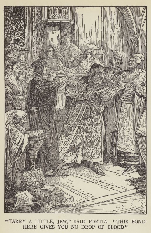 Bliv lidt, jøde, sagde Portia, dette bånd her giver dig ingen bloddråbe af Louis John Rhead
