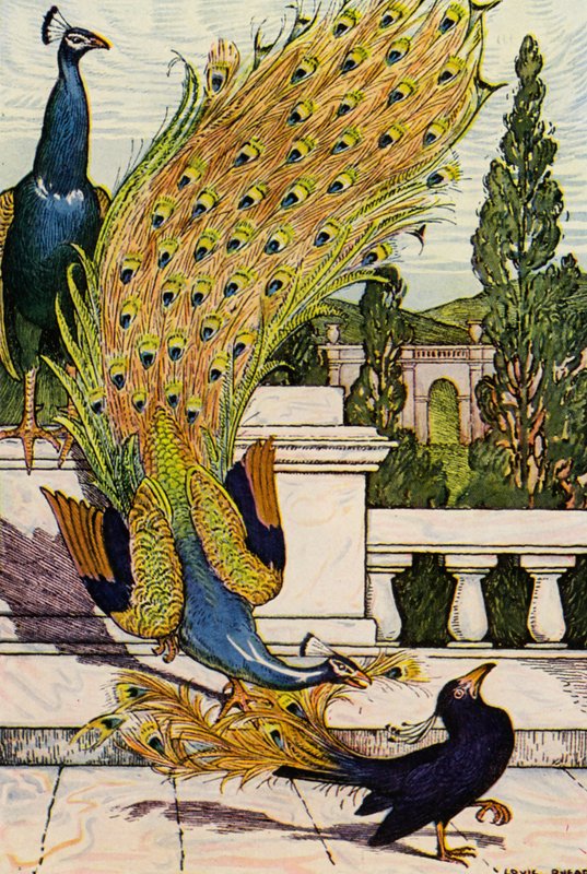 The Peacock and the Magpie (farvelitografi) af Louis John Rhead
