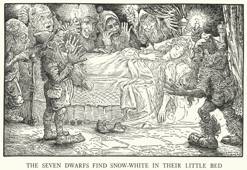 De syv dværge finder snehvide i deres lille seng (litho) af Louis John Rhead