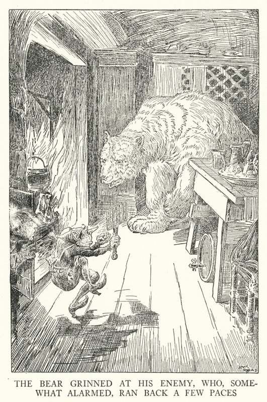 Bjørnen grinte til sin fjende, som lidt forskrækket løb et par skridt tilbage (litho) af Louis John Rhead