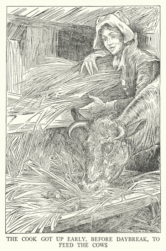 Kokken stod tidligt op før daggry for at fodre køerne (litho) af Louis John Rhead