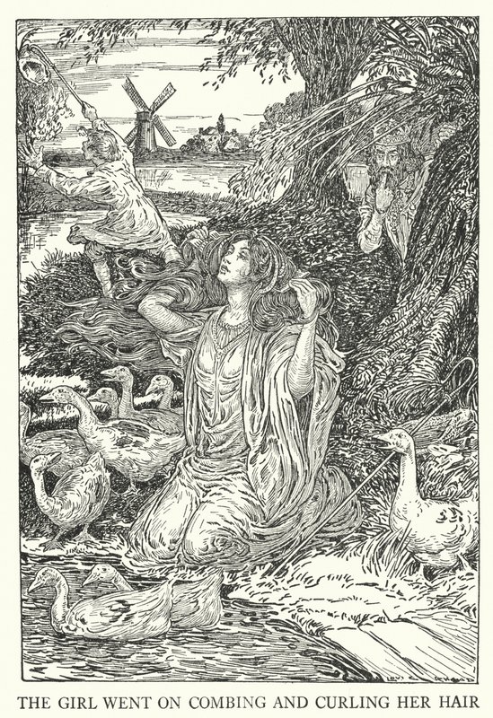 Pigen fortsatte med at rede og krølle sit hår (litho) af Louis John Rhead