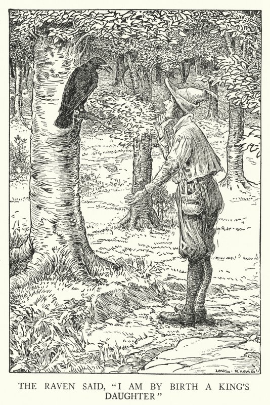 Ravnen sagde: "Jeg er af fødsel en kongedatter" (litho) af Louis John Rhead