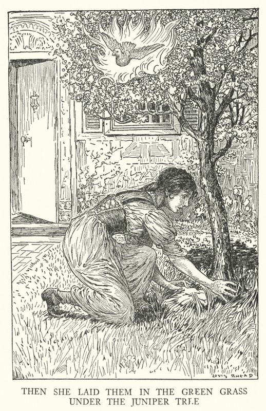 Hun lagde dem i det grønne græs under enebærtræet (litho) af Louis John Rhead