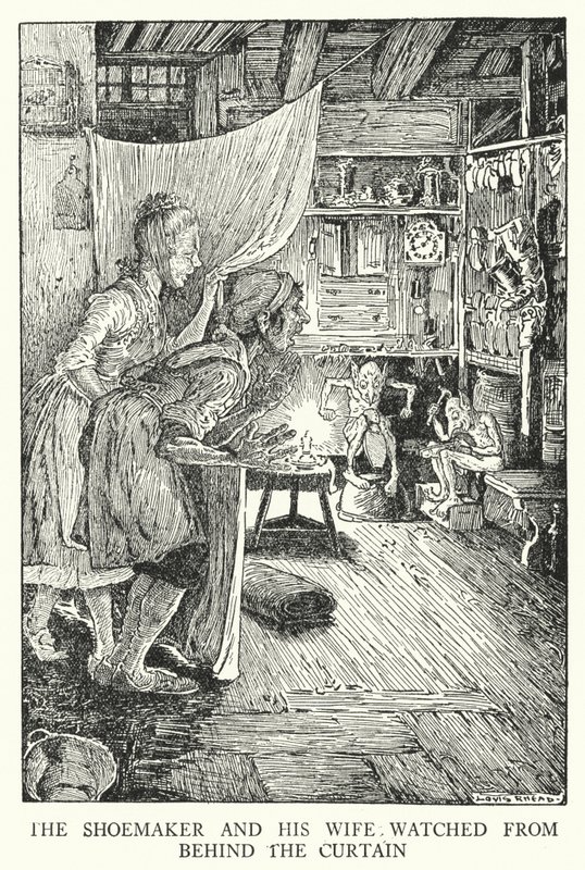 Skomageren og hans kone så bag forhænget (litho) af Louis John Rhead