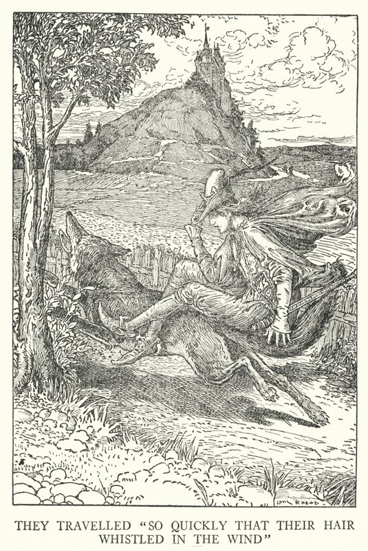 De rejste "så hurtigt, at deres hår fløjtede i vinden" (litho) af Louis John Rhead