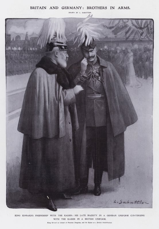 Kong Edward VII klædt ud som oberst af de preussiske dragoner og kejser Wilhelm II klædt ud som britisk feltmarskal (litho) af Louis Remy Sabattier