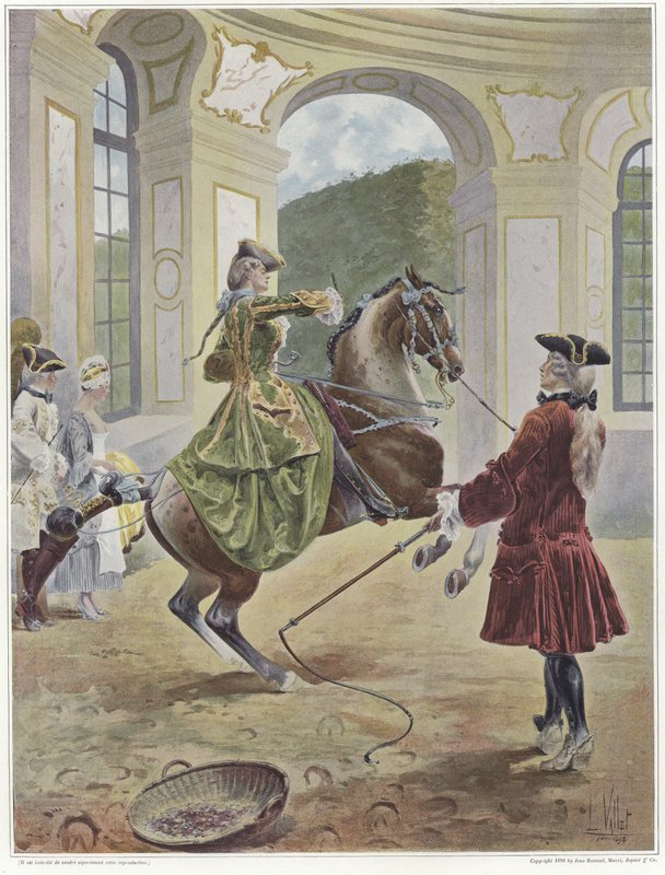 En kvinde, der rider på en hest, der rejser sig foran en mand, der holder en pisk af Louis Vallet