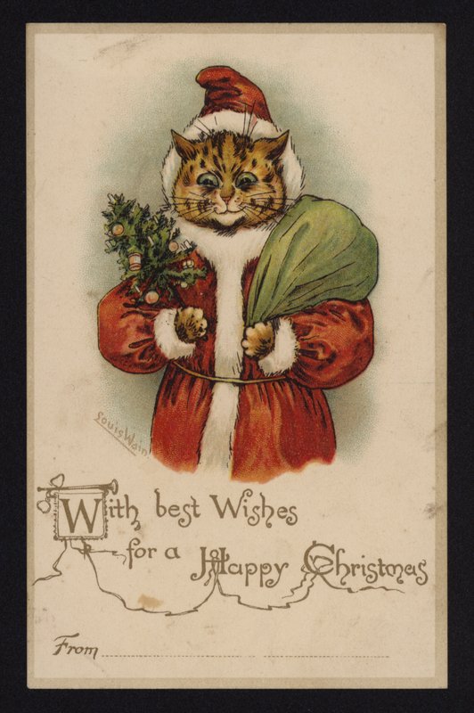 Kat som julemand, julehilsenskort (chromolitho) af Louis Wain