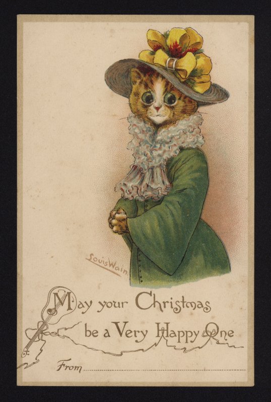 Kat iført en kvindes hat og frakke, julehilsenskort (chromolitho) af Louis Wain