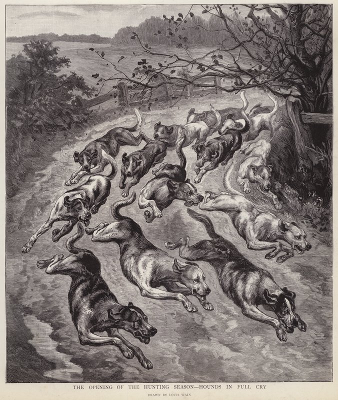 Hunde i fuld græde i starten af jagtsæsonen (litho) af Louis Wain