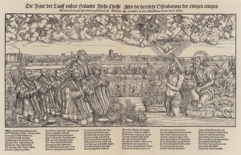 Frederik III, kurfyrst af Sachsen og Martin Luther, der overværer Kristi dåb (gravering;) af Lucas the Elder (after) Cranach