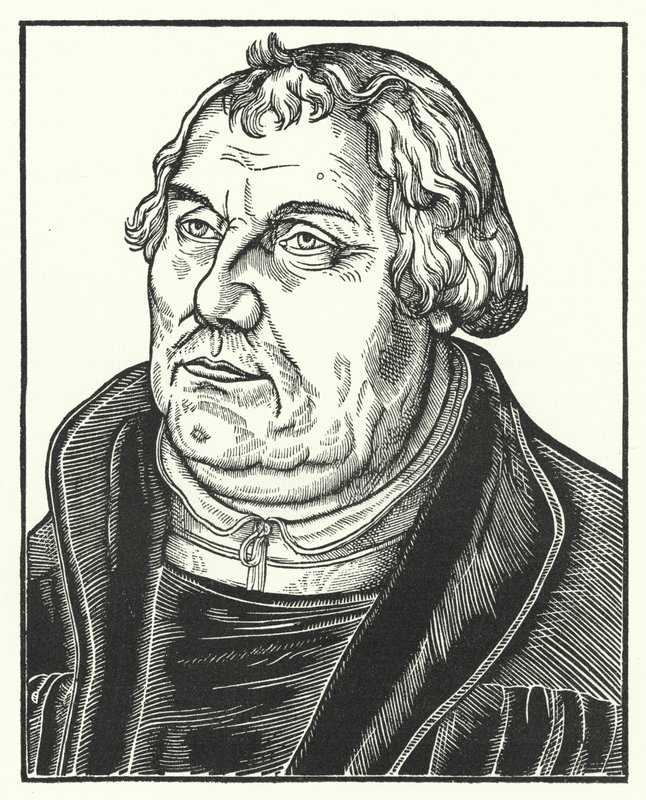 Portræt af den tyske protestantiske reformator Martin Luther senere i livet (stik) af Lucas the Elder (after) Cranach