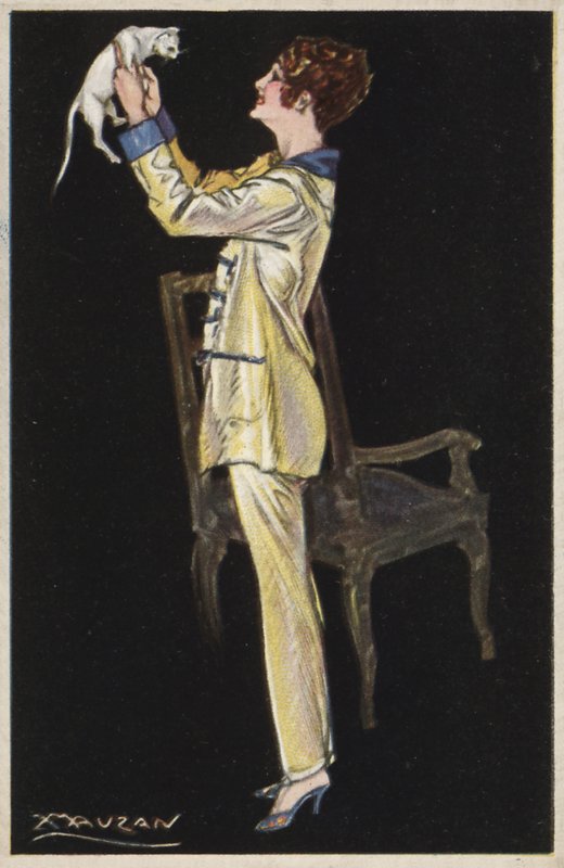 Pige i pyjamas holder hvid kat (farve litho) af Luciano Achille Mauzan