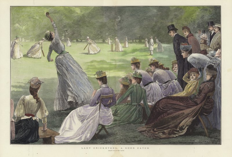 Lady Cricketers: A Good Catch (farvet gravering) af Lucien Davis