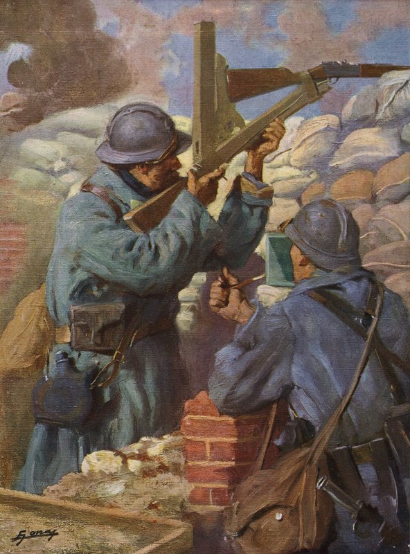 Fransk soldat ved hjælp af et specielt tilpasset snigskytteriffel med periskop i skyttegravene, 1. verdenskrig af Lucien Hector Jonas