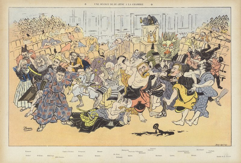 En session med ju-jitsu i salen. Illustration til Le Rire af Ludwig Braun