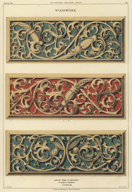 Udskåret træværk på bænke i Mariakirken, Lubeck, Tyskland (farve litho) af Ludwig Gruner