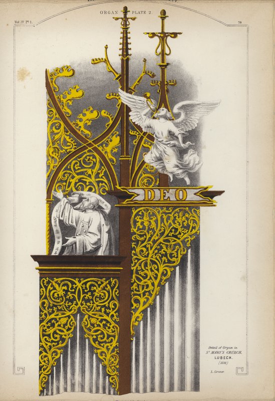 Detalje af orglet i St Mary Church, Lubeck, Tyskland (farve litho) af Ludwig Gruner