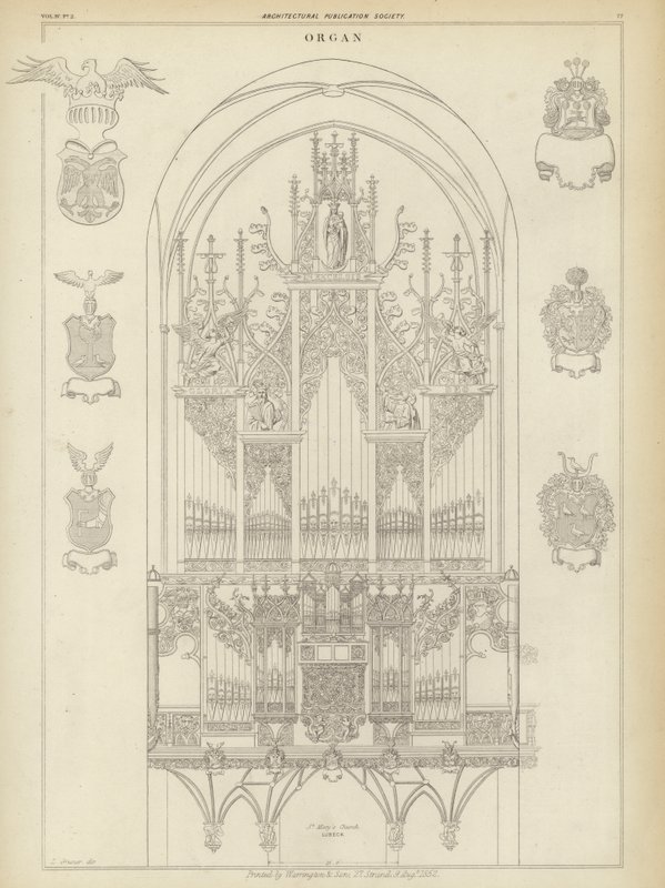 Orgel fra Mariakirken, Lubeck, Tyskland (gravering) af Ludwig Gruner